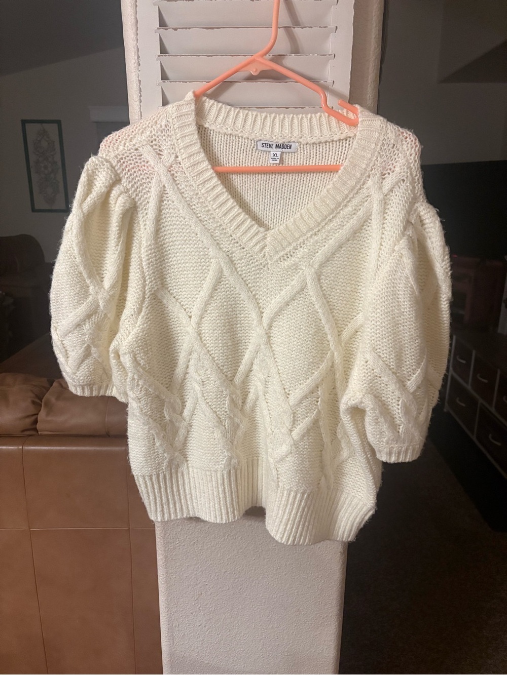 Steve Madden Ivory Cable-Knit V-Neck Sweater
